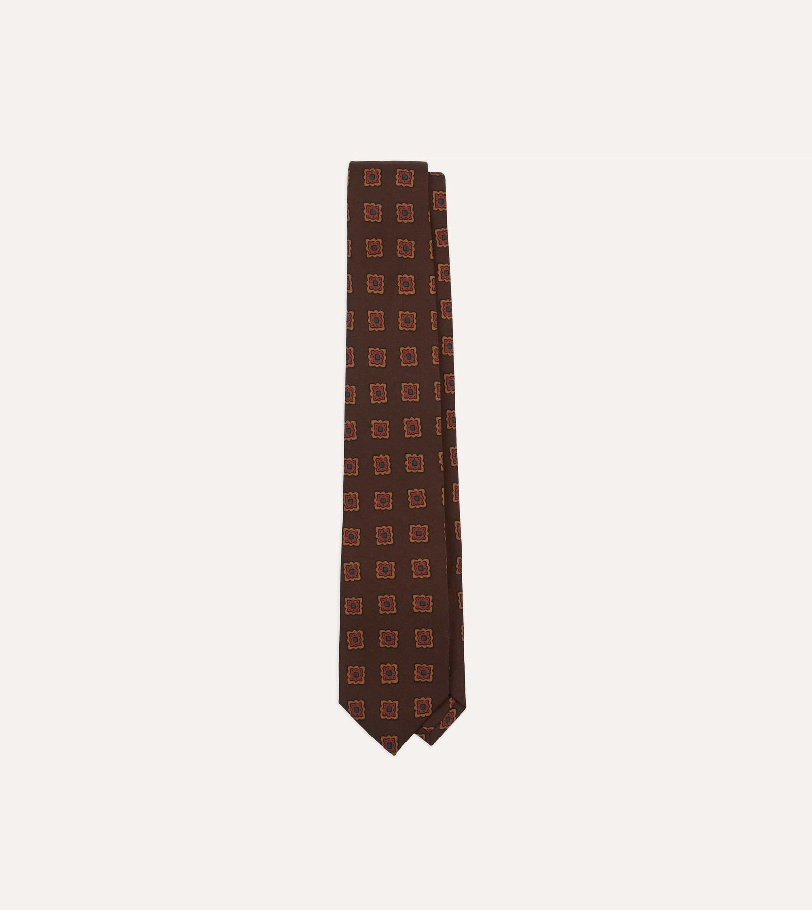 Square Flower Medallion Print Wool Silk Self Tipped Tie