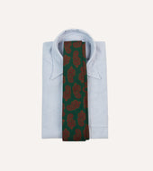 Green Paisley Motif Print Wool Silk Self Tipped Tie