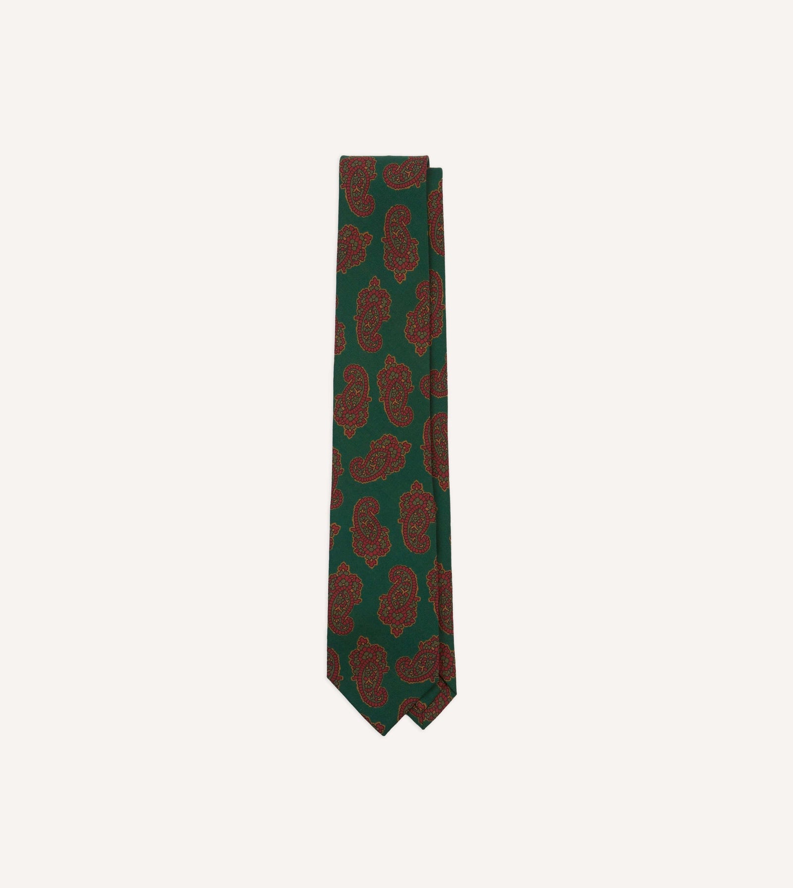 Green Paisley Motif Print Wool Silk Self Tipped Tie
