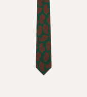 Green Paisley Motif Print Wool Silk Self Tipped Tie