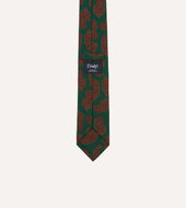 Green Paisley Motif Print Wool Silk Self Tipped Tie