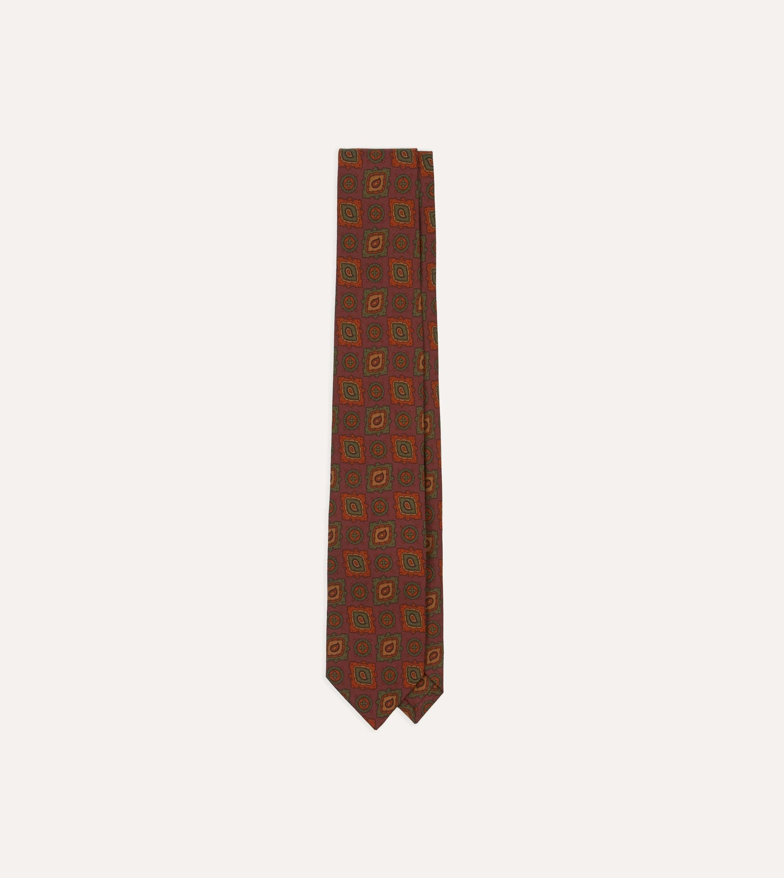 Paisley Medallion Print Wool Silk Self Tipped Tie