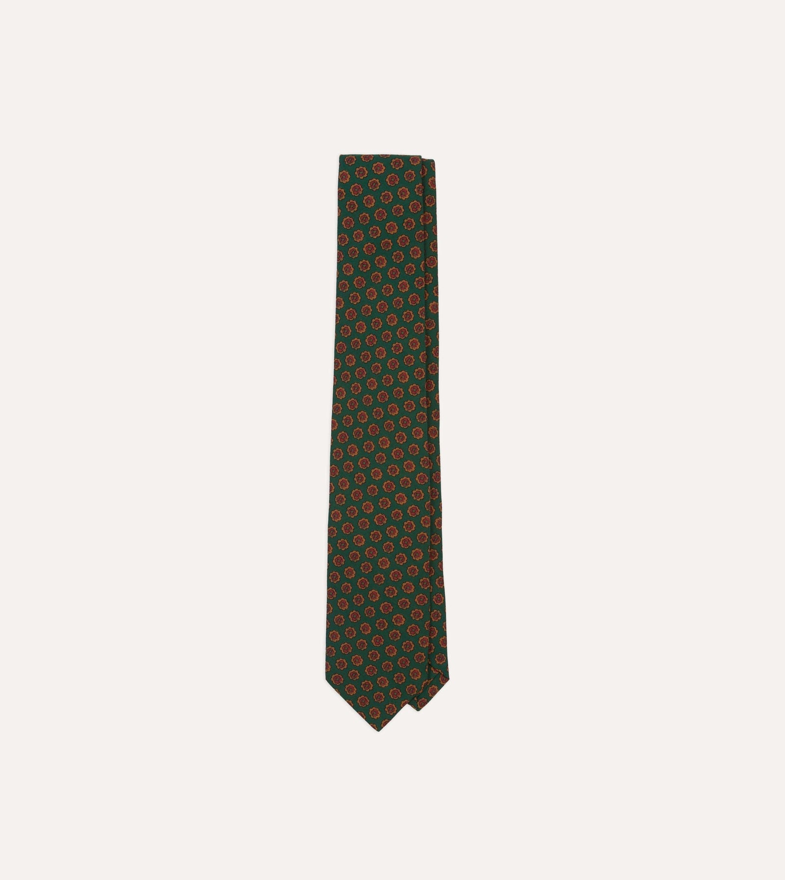 Green Floral Medallion Print Wool Silk Self Tipped Tie