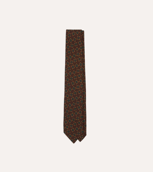 Brown and Green Jumbled Medallion Print Silk Self-Tipped Tie