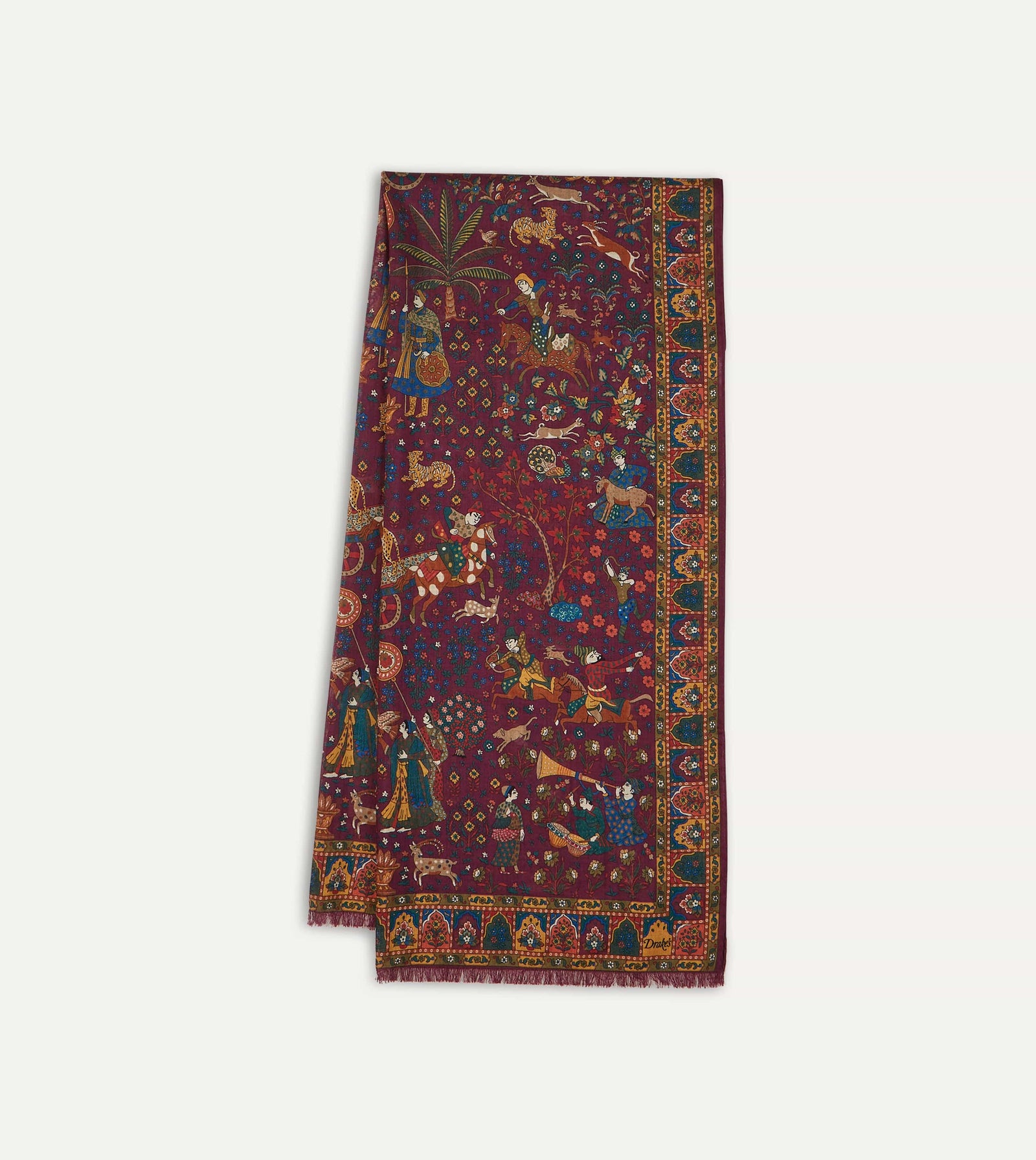 Magenta Mughal Hunter Print Wool Silk Scarf
