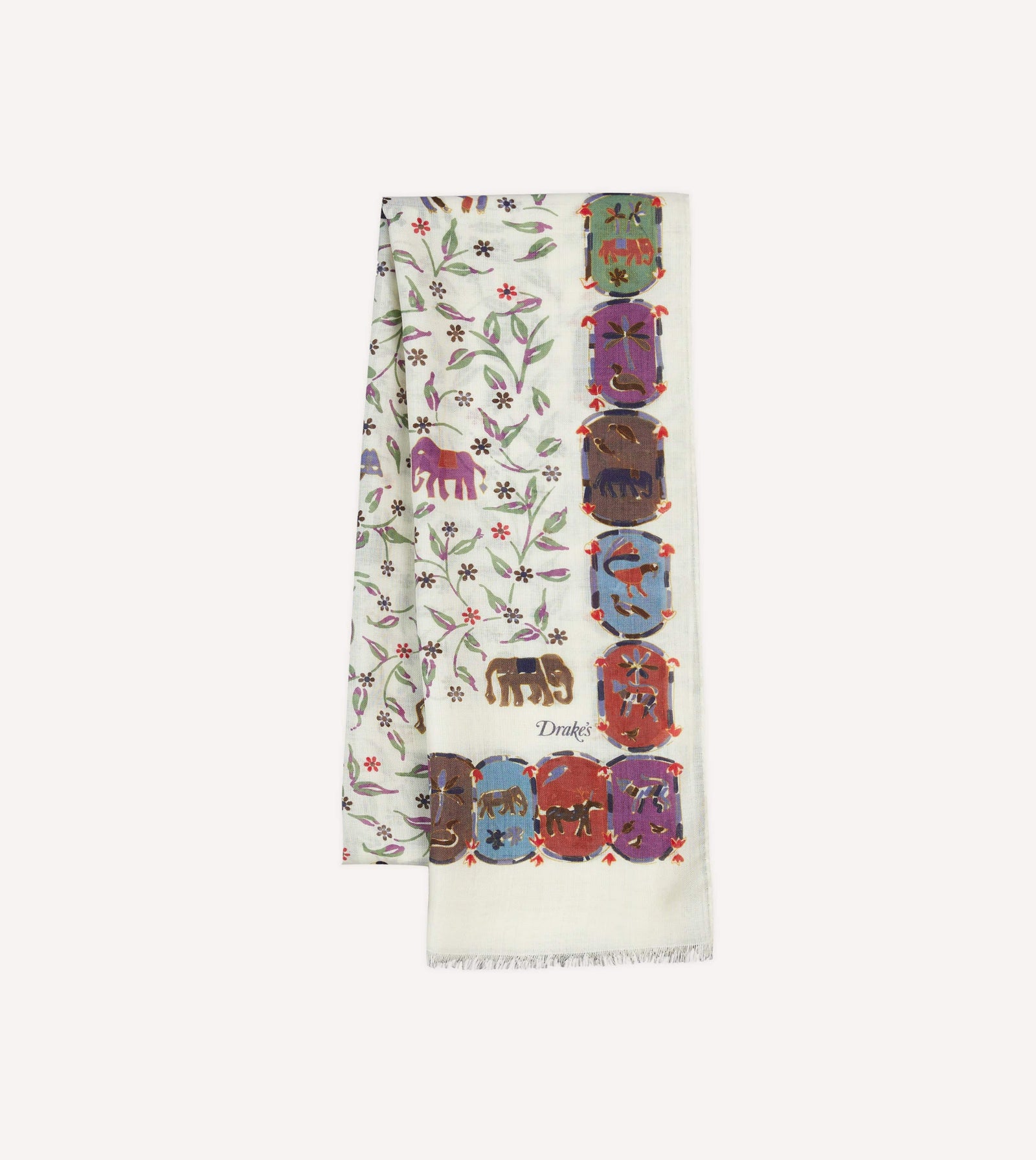 Elephants And Flowers Print Wool Silk Scarf