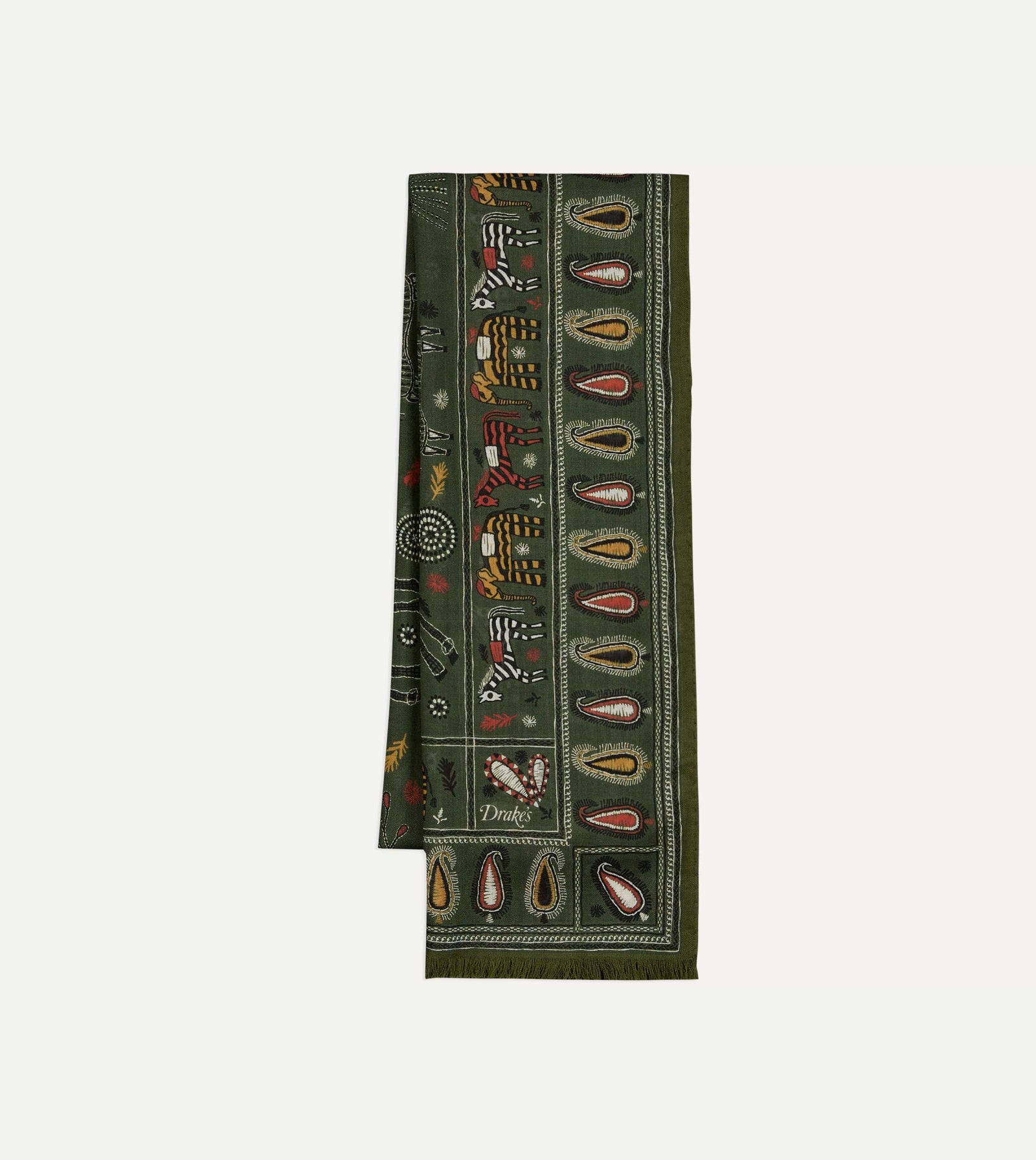 Green Rustic Elephant Print Wool Silk Scarf