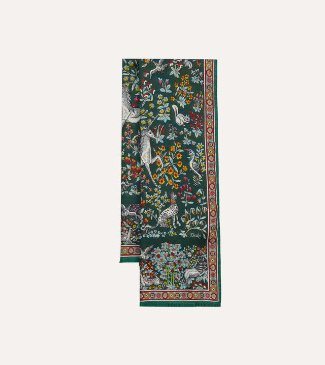 Green Forest Animals Print Wool-Silk Scarf