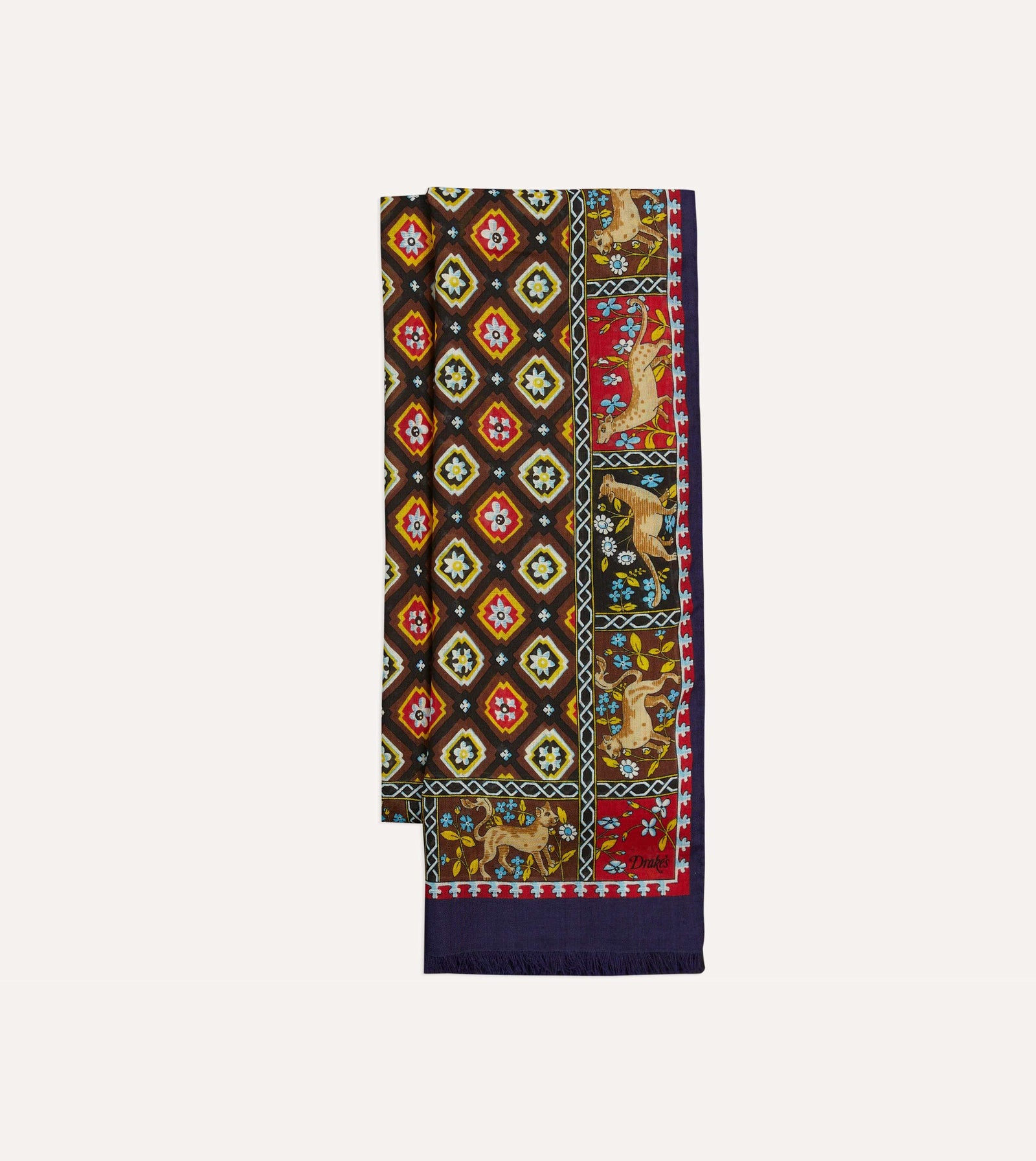 And Brown Animal Border Medallion Print Wool Silk Scarf