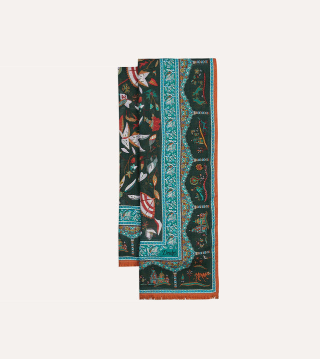 Green Classic Mughal Print Wool Silk Scarf