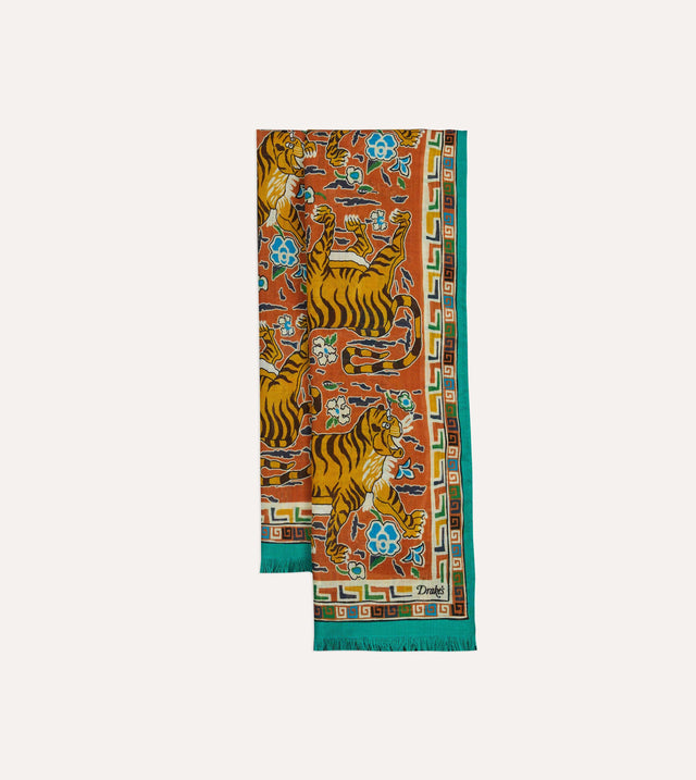 Orange Jumbo Tiger Print Wool-Silk Scarf