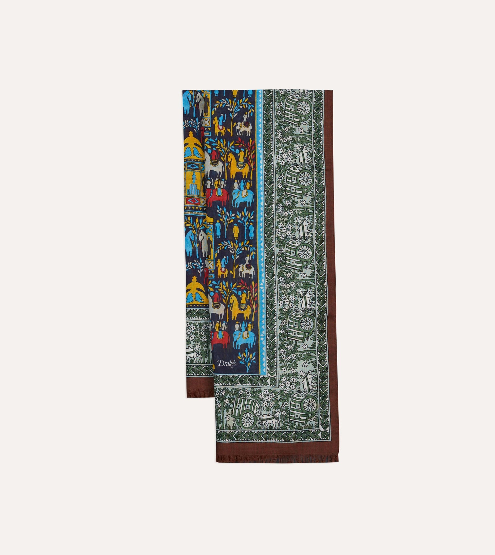 Elephant Village Print Wool Silk Scarf