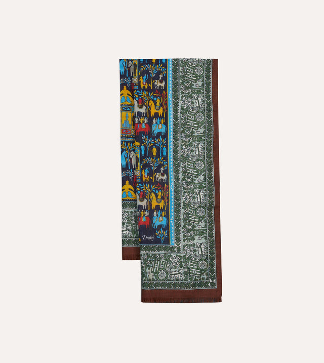 Navy Elephant Village Print Wool-Silk Scarf