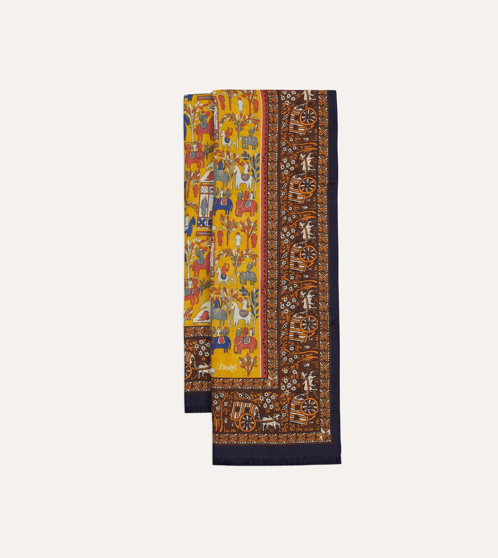 Elephant Village Print Wool Silk Scarf