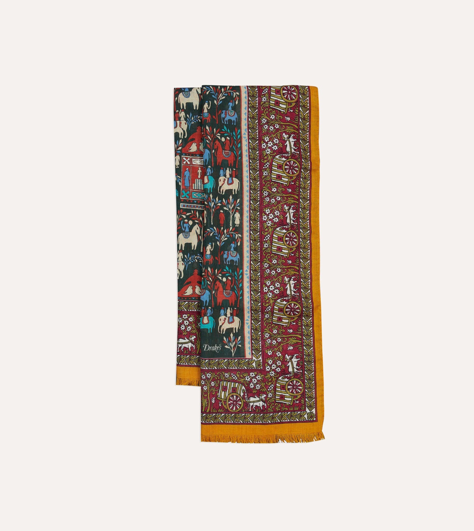 Elephant Village Print Wool Silk Scarf