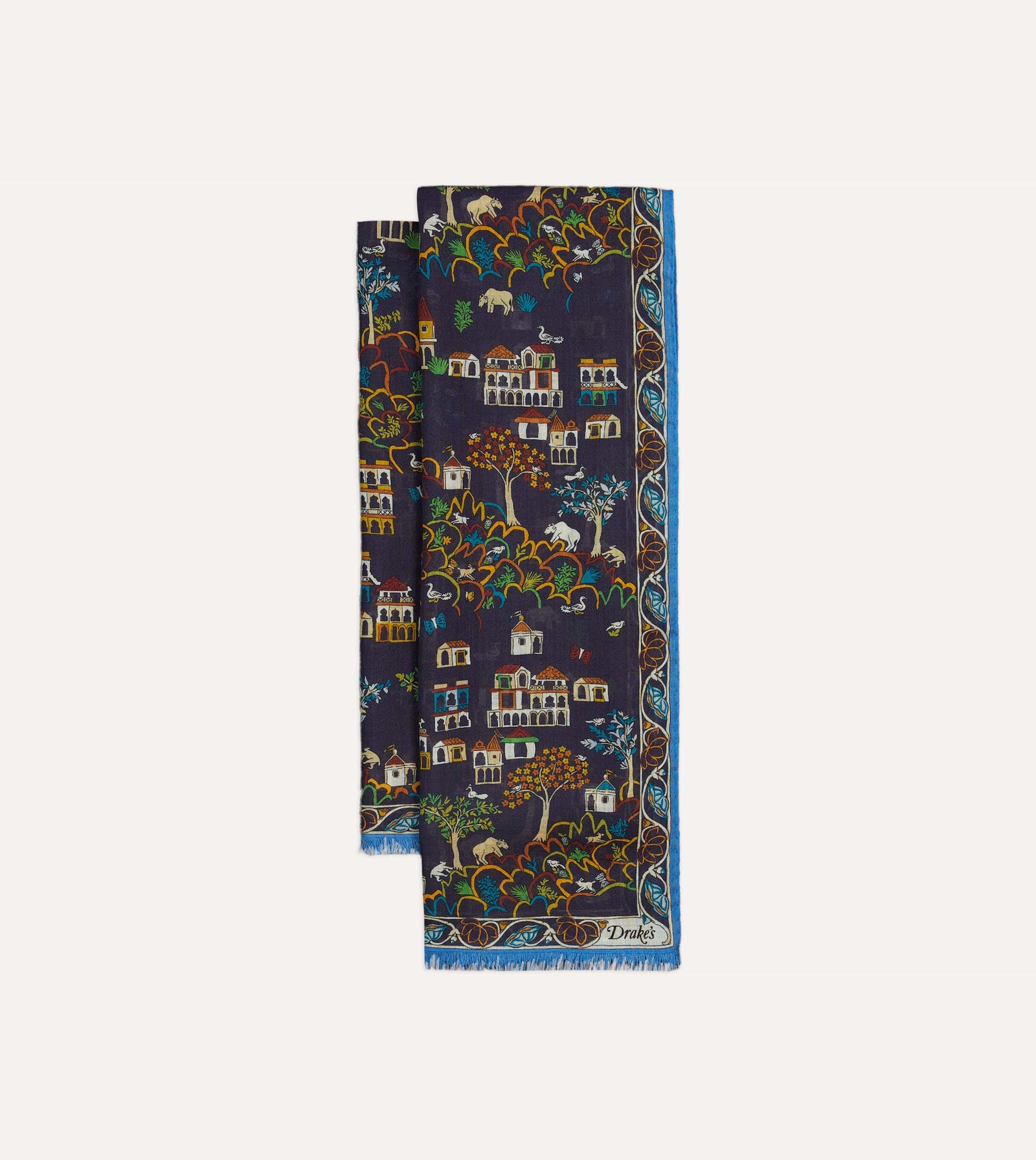 Antique Village Print Wool Silk Scarf