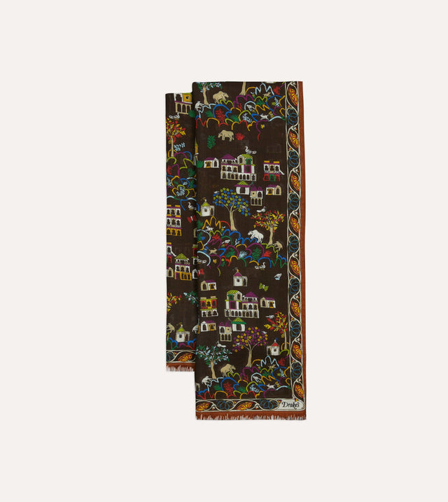 Brown Antique Village Print Wool Silk Scarf