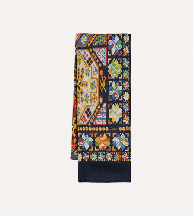 Navy Carpet Print Tubular Wool-Silk Scarf