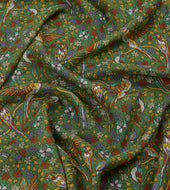 Green Birds And Flowers Print Wool Silk Scarf
