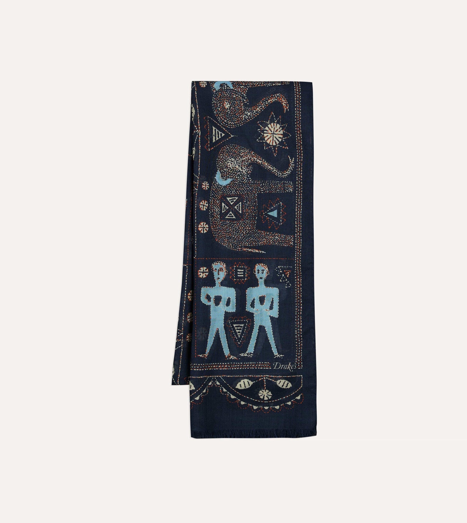 Embroidered Elephant Print Wool Silk Scarf