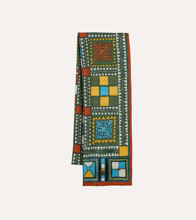 Green Geometric Print Wool Silk Scarf