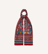 Red Elephants And Flowers Print Wool Silk Scarf