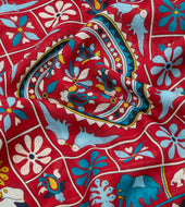 Red Elephants And Flowers Print Wool Silk Scarf