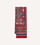 Red Elephants And Flowers Print Wool Silk Scarf