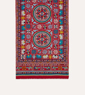 Red Elephants And Flowers Print Wool Silk Scarf