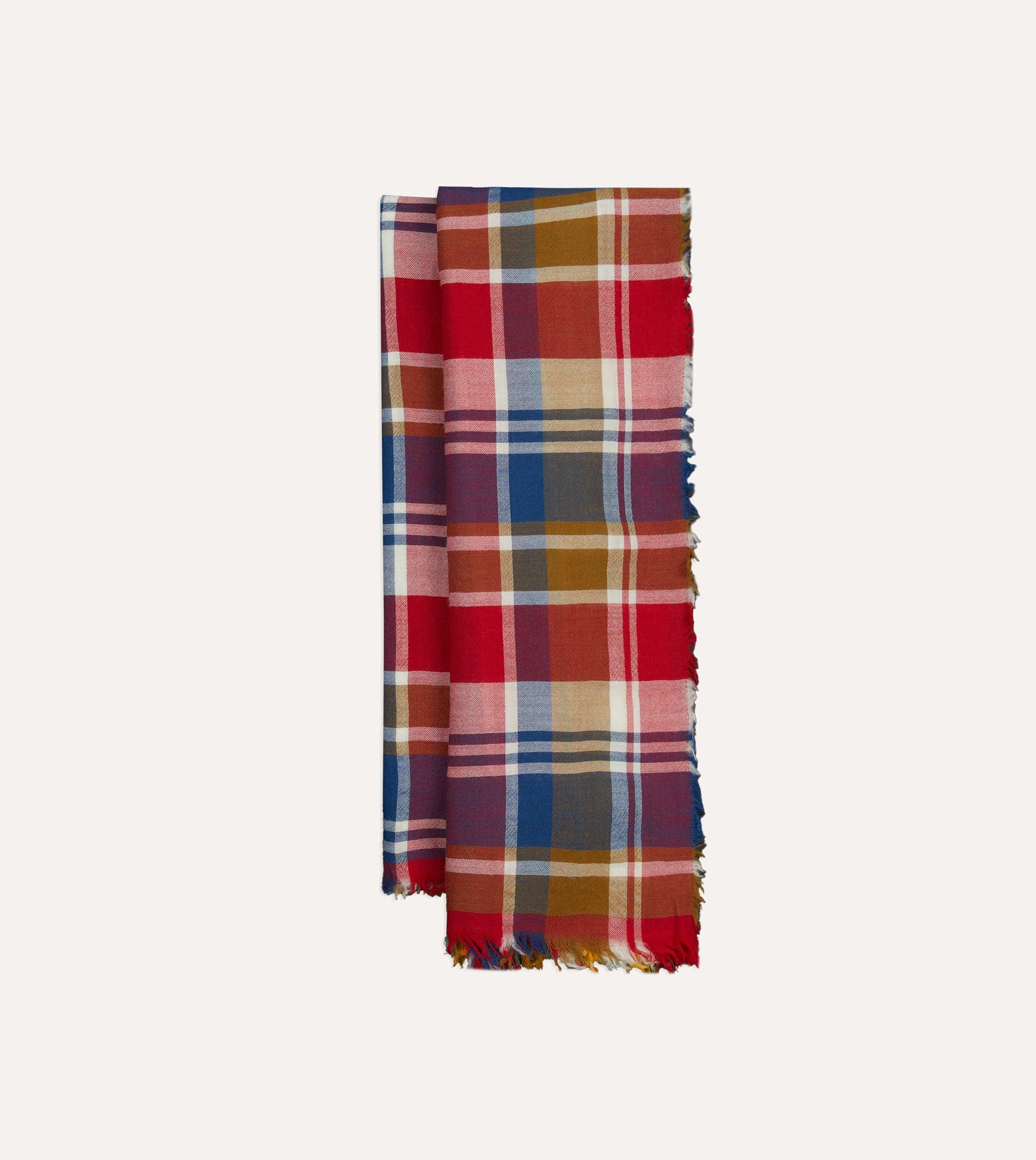 Red Blue And Yellow Tartan Check Worsted Wool Scarf