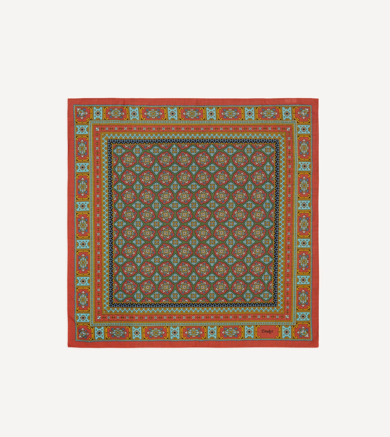 Red Blue And Gold Floral Medallion Print Wool Silk Bandana