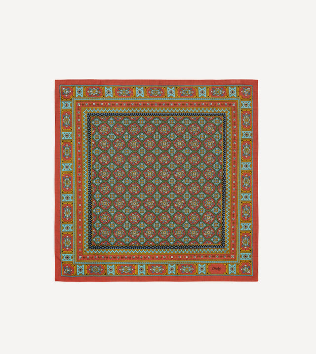 Red, Blue and Gold Floral Medallion Print Wool-Silk Bandana