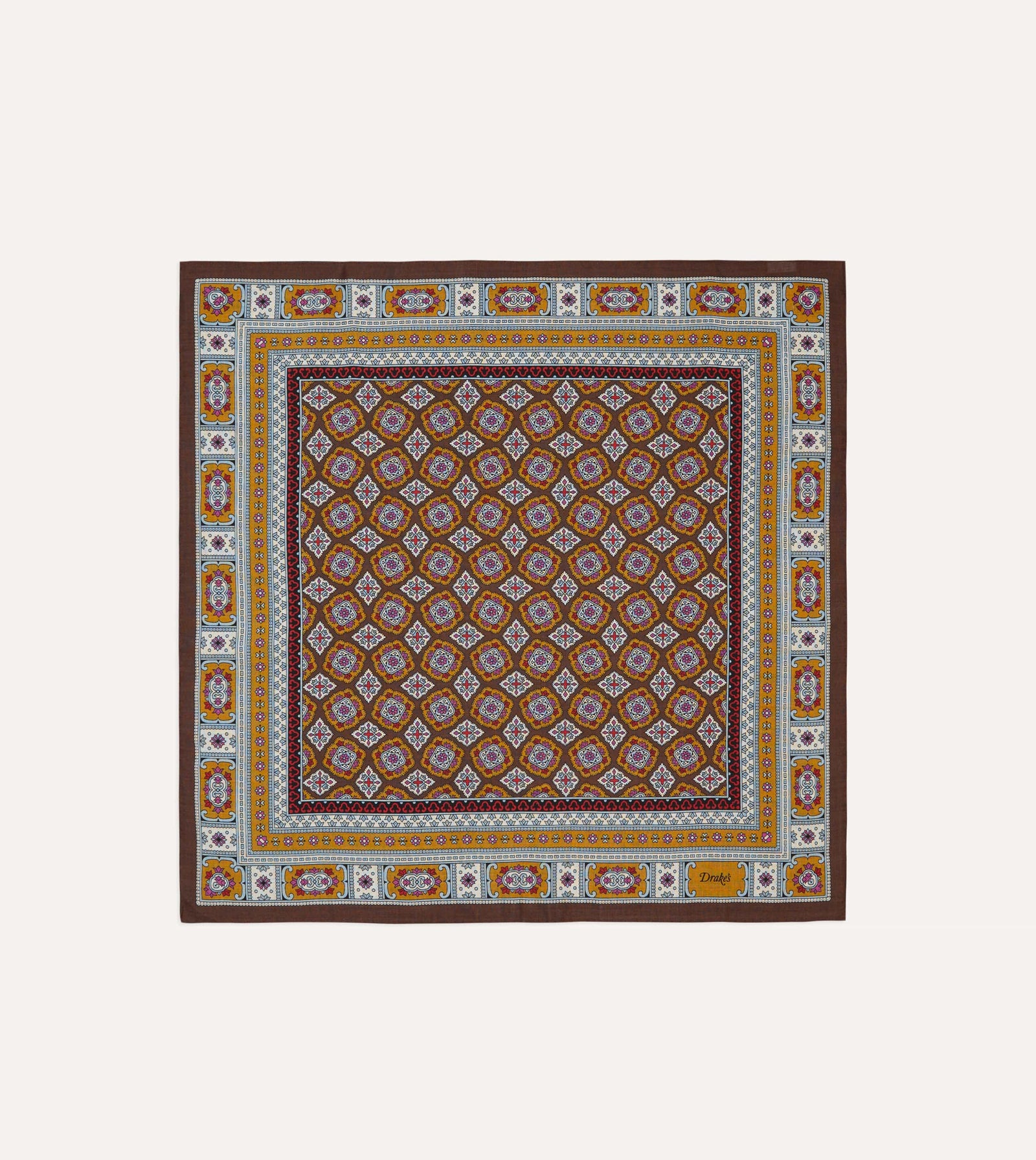 Blue And Gold Floral Medallion Print Wool Silk Bandana