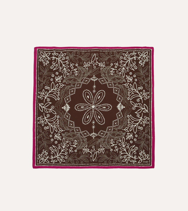 Brown Floral Paisley Print Silk Bandana