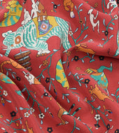 Red Animals And Flowers Print Silk Bandana