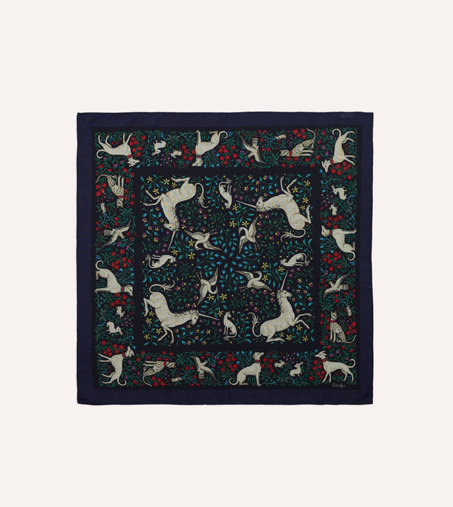 Navy Unicorn Print Wool-Silk Bandana