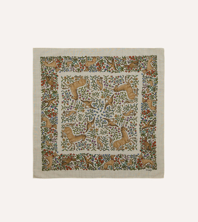Ecru Unicorn Print Wool-Silk Bandana