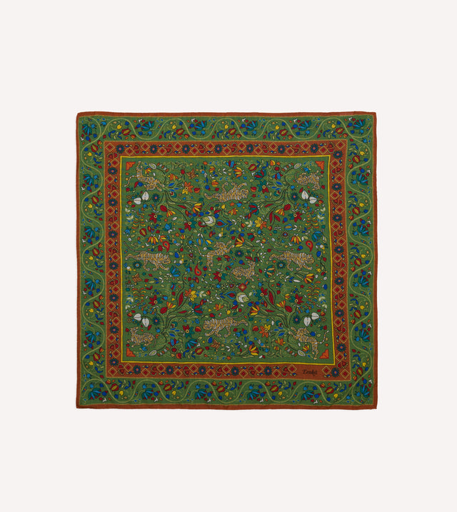 Green Tiger Garden Print Wool-Silk Bandana