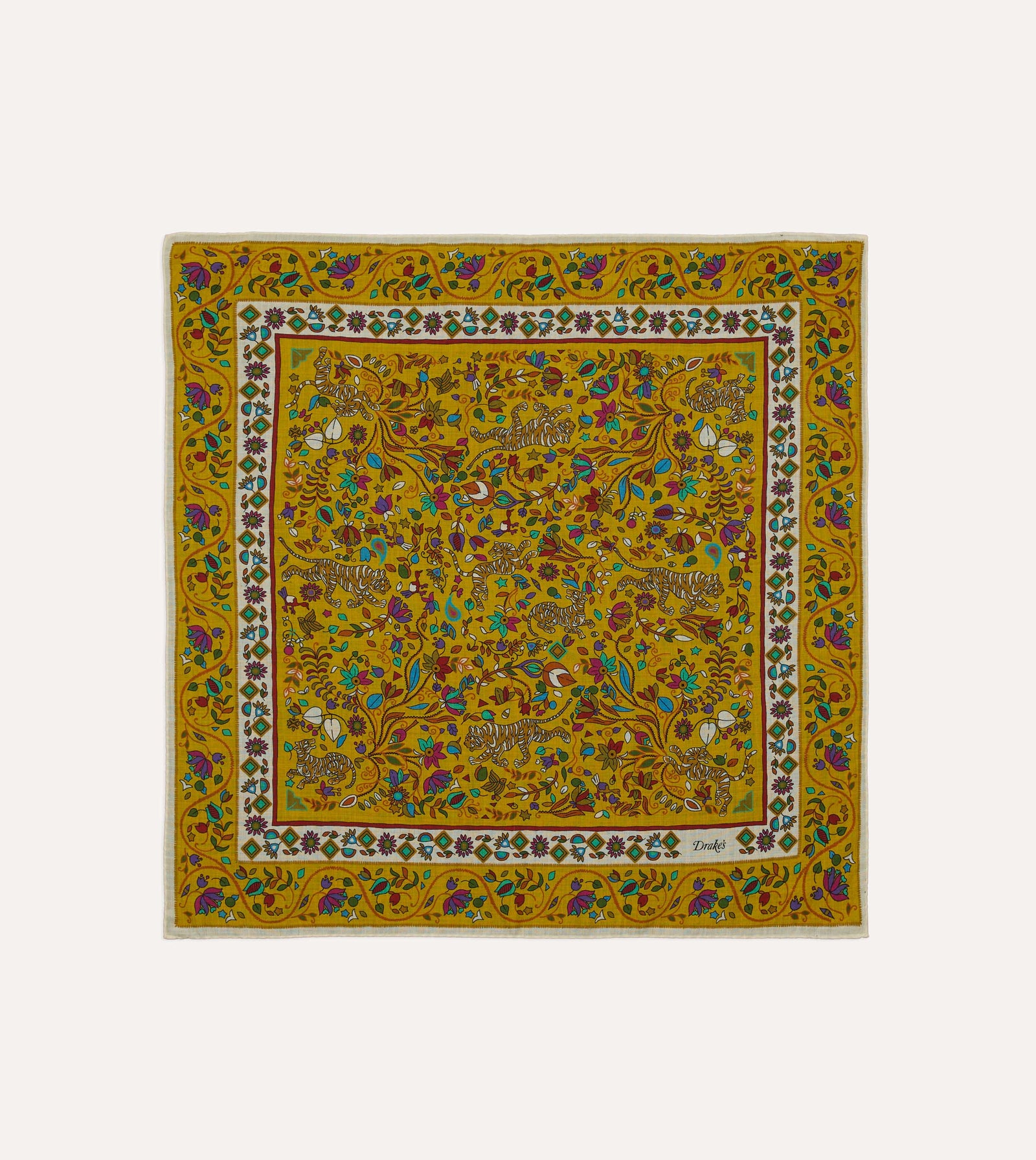Yellow Tiger Garden Print Wool-Silk Bandana