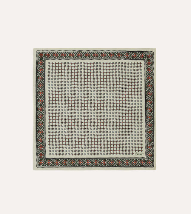 Ecru Vintage Tile Print Silk Pocket Square