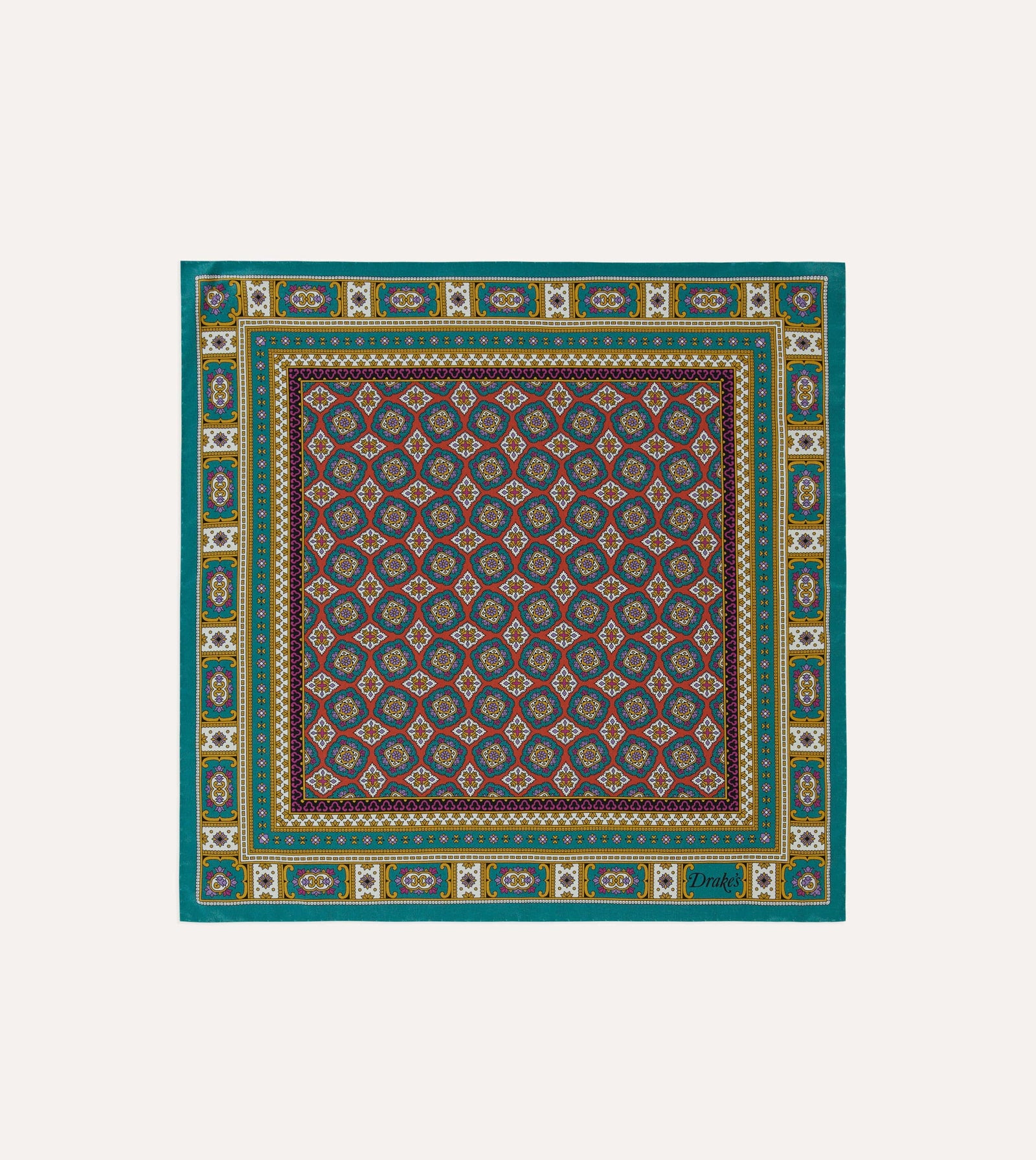 Green Red And Gold Floral Medallion Print Silk Pocket Square