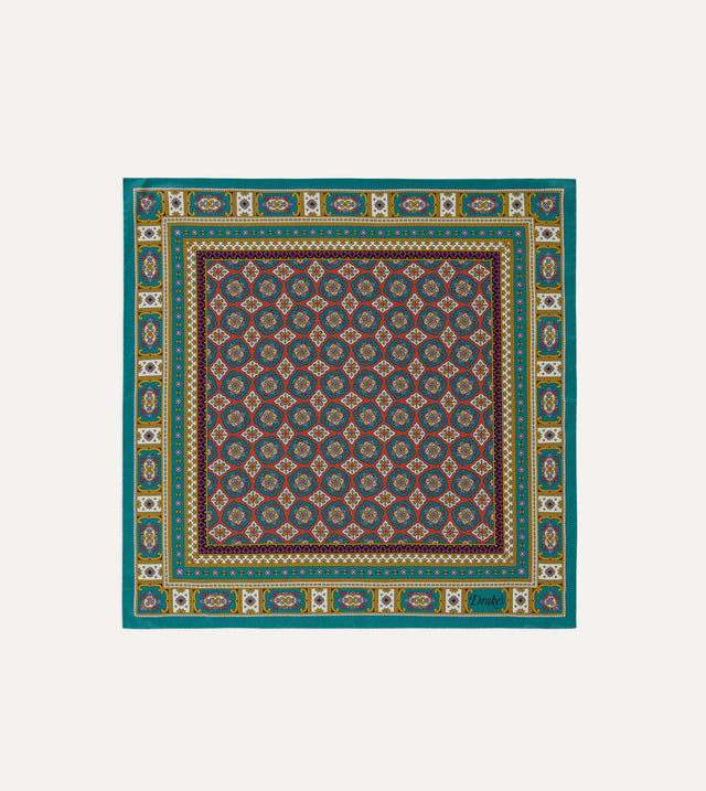 Green, Red and Gold Floral Medallion Print Silk Pocket Square