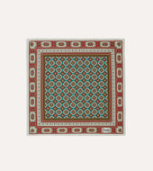 Ecru, Red and Gold Floral Medallion Print Silk Pocket Square