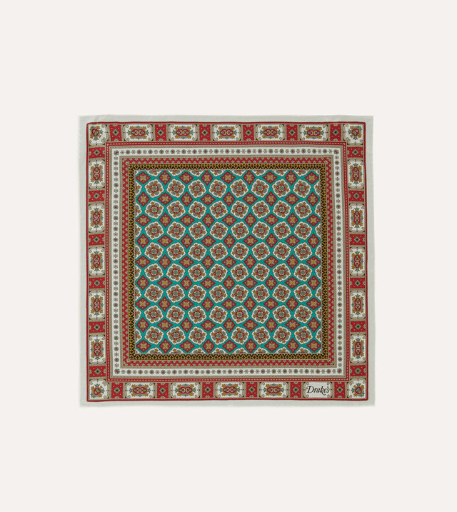 Ecru, Red and Gold Floral Medallion Print Silk Pocket Square