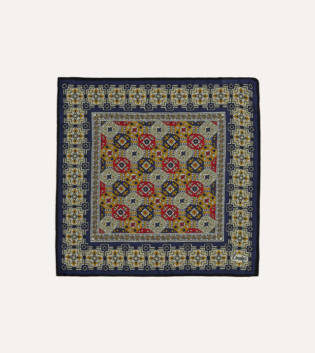 Navy Geometric Tapestry Print Wool-Silk Pocket Square