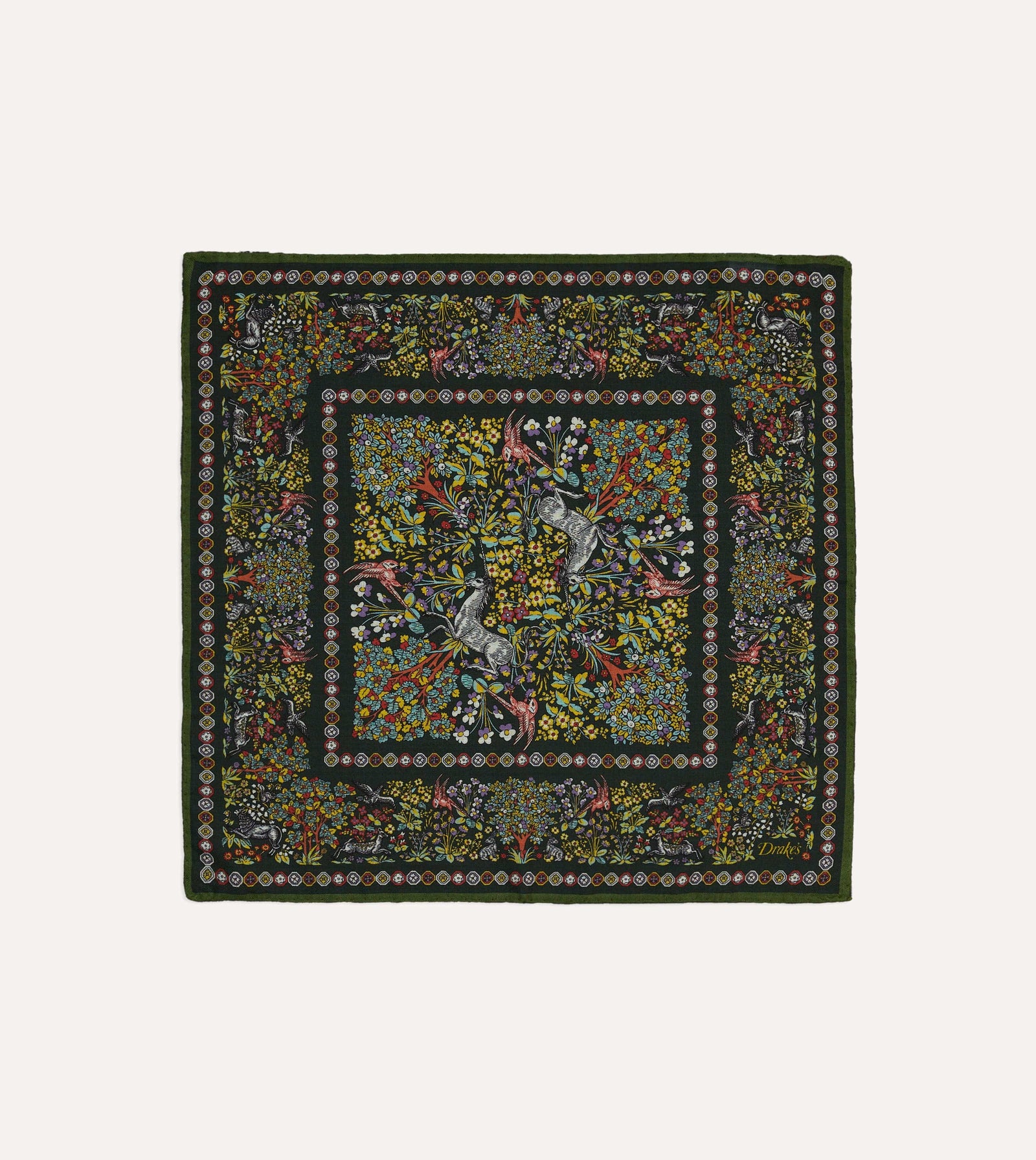 Gold Floral Unicorn Print Wool Silk Pocket Square