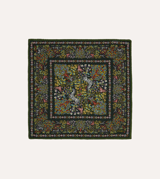 Gold Floral Unicorn Print Wool-Silk Pocket Square