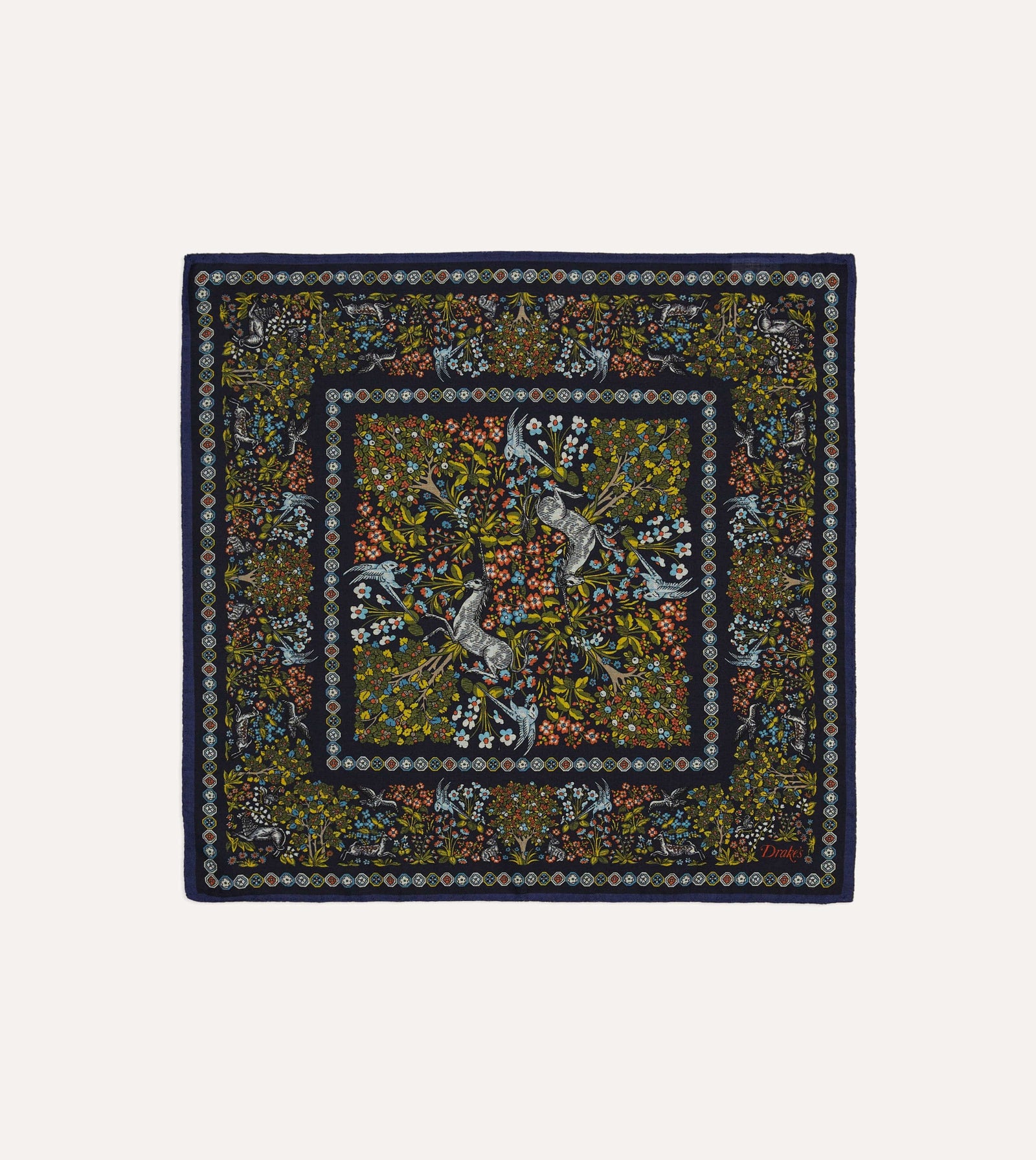 Floral Unicorn Print Wool Silk Pocket Square
