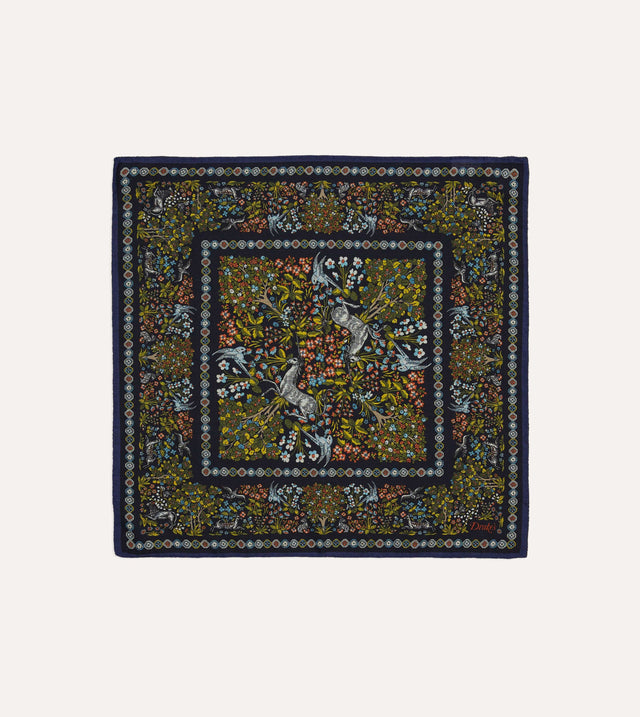 Orange Floral Unicorn Print Wool-Silk Pocket Square