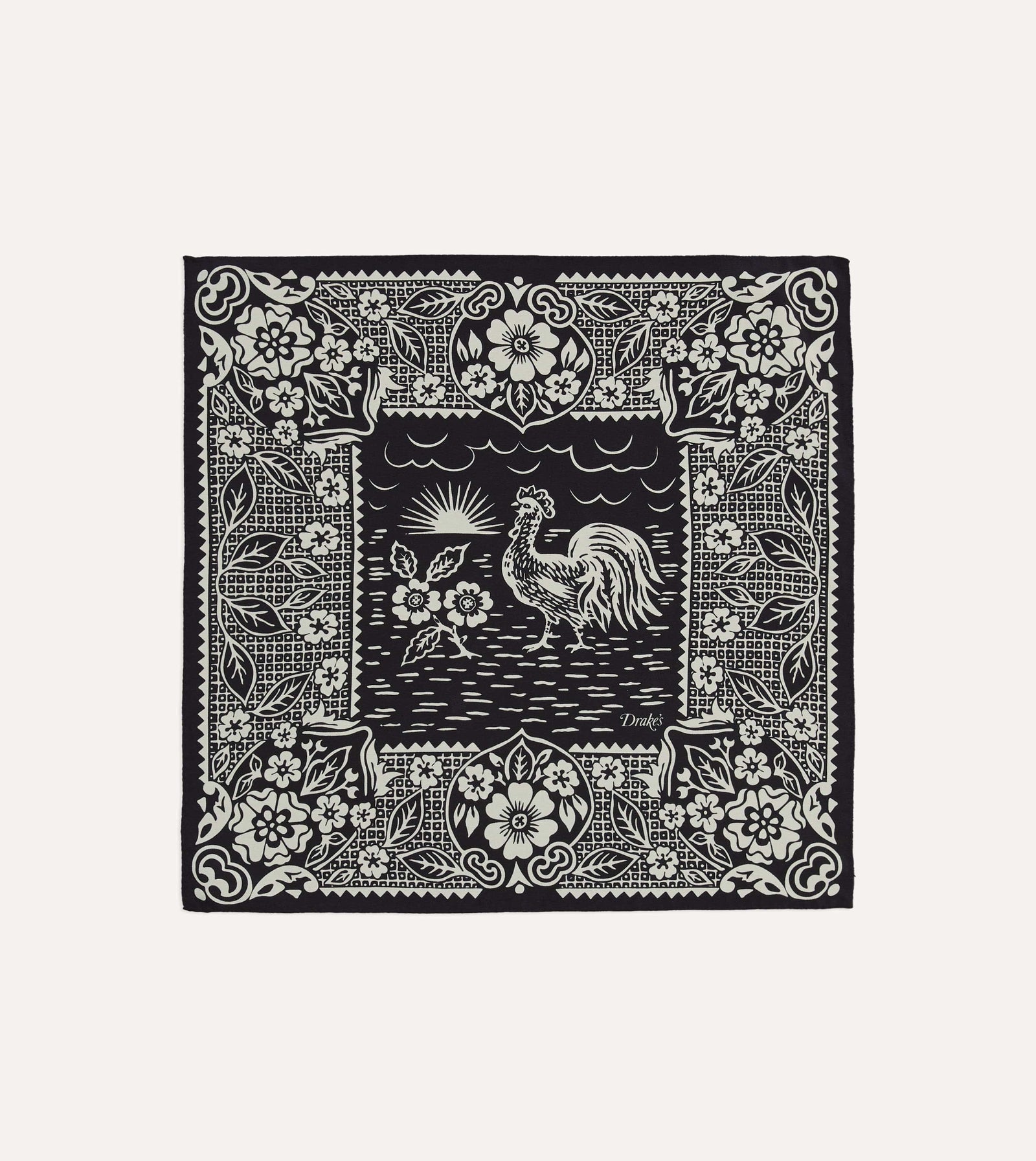 Cockerel Print Silk Pocket Square